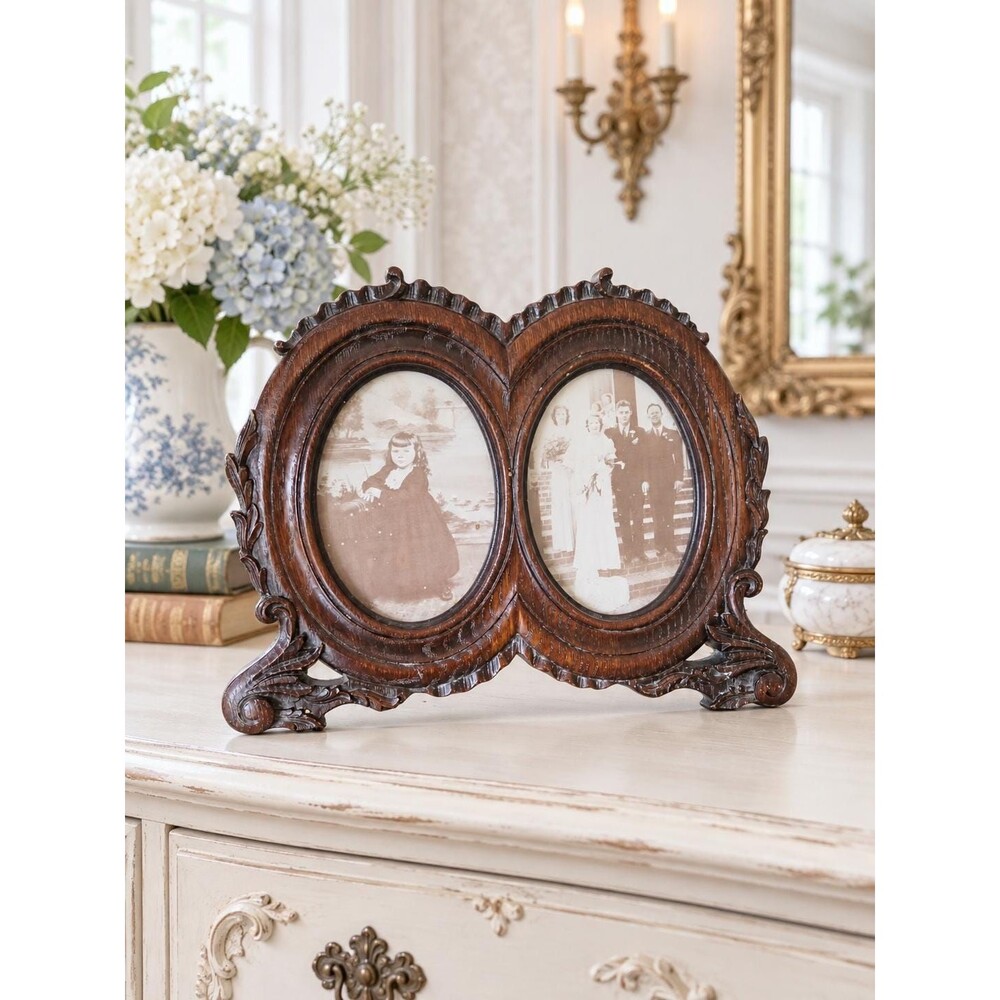 Vintage Ornate Double Oval Wood Picture Frame Victorian Style Tabletop 15.5"